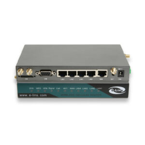 E-Lins H820frc industrial 5G RedCap router with PoE In and Out, RS232 serial port, DI/DO ports, and DIN-rail mounting — front view showing Ethernet ports, SMA antenna connectors, and LED status indicators