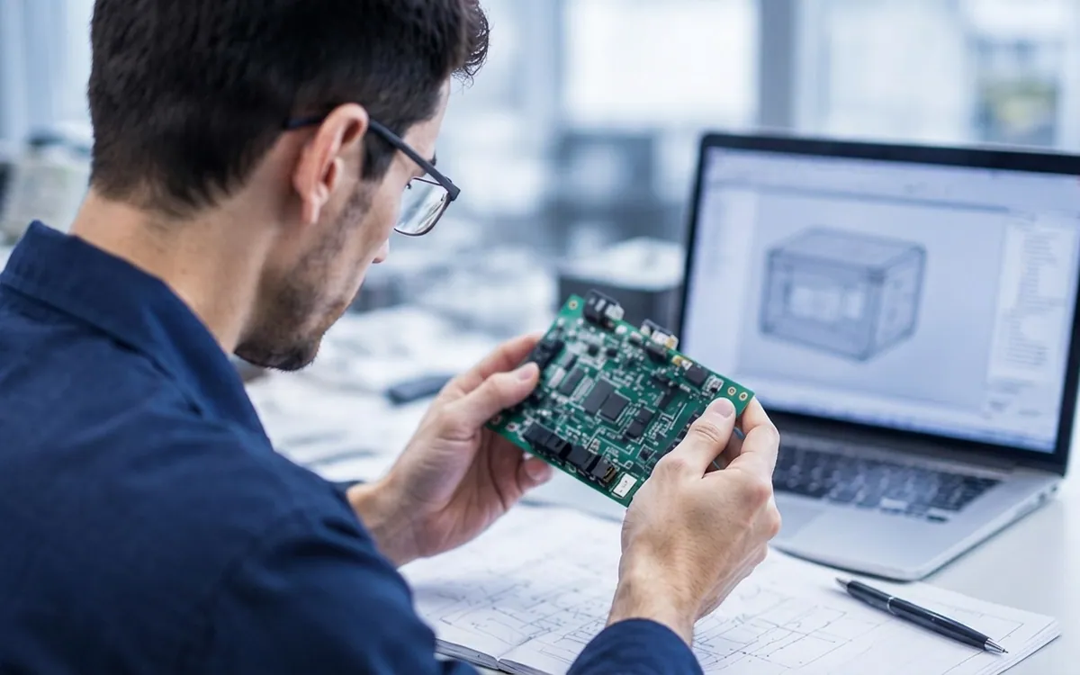 An engineer examining an electronic circuit board at a technical workstation