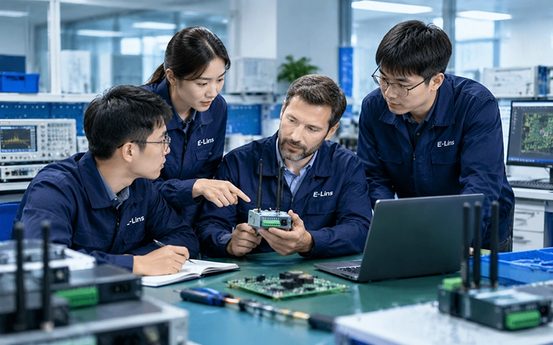 E-Lins Shenzhen R&D engineering team reviewing industrial 4G and 5G router design
