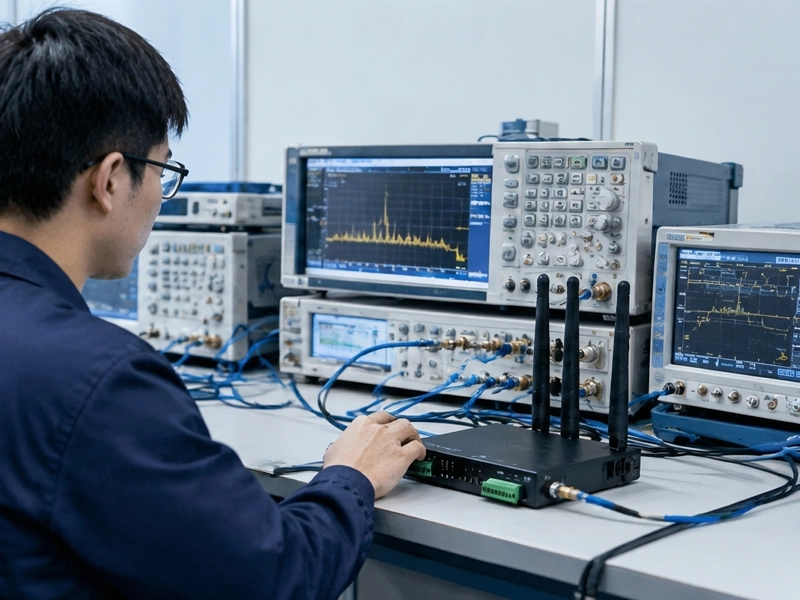 E-Lins RF OTA test setup measuring 4G LTE and 5G NR antenna performance for industrial routers
