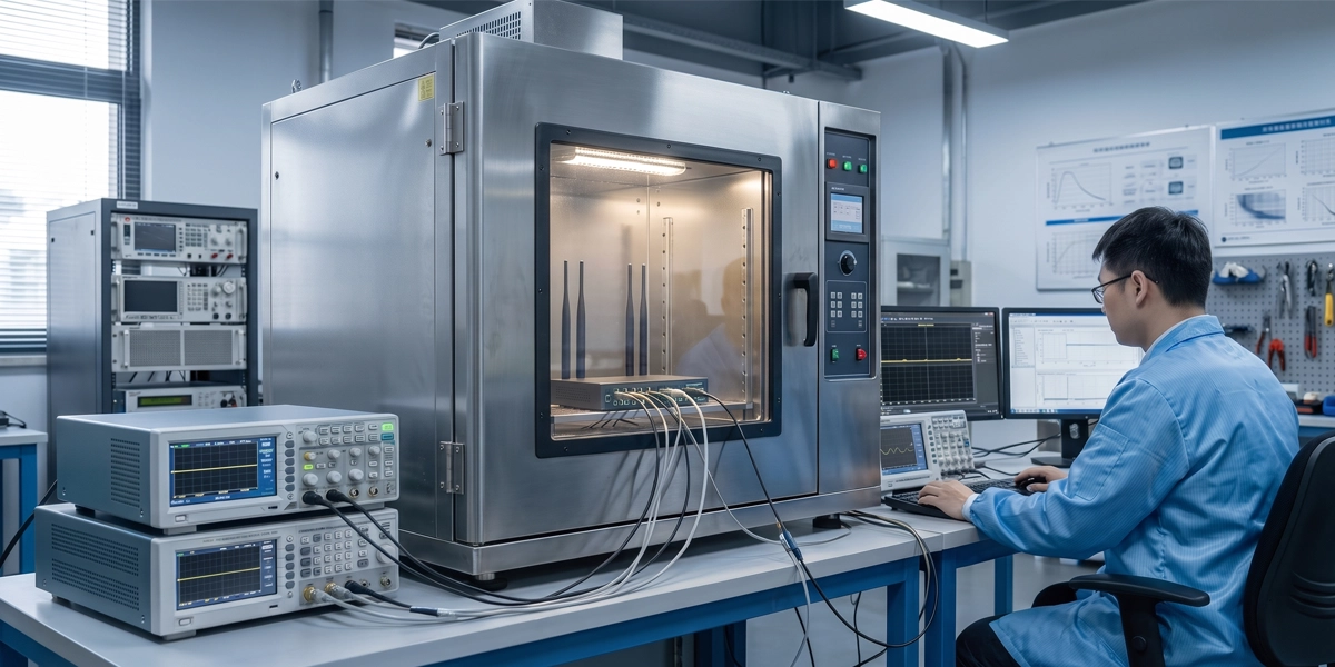 E-Lins environmental chamber testing industrial router at -40&deg;C for harsh environment validation